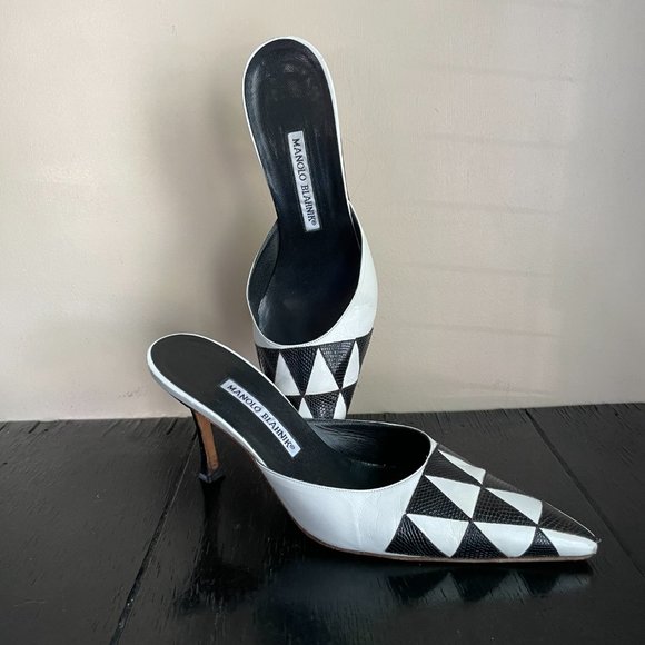 Manolo Blahnik Shoes - Vintage Manolo Blahnik heels 39.5 8.5 Pumps Leather Black White Checkered Shoes
